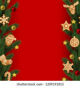 Christmas and New Year seamless border with gingerbread and toys on red background. Repeat winter holiday pattern for textile prints, wallpaper, greeting card, menu and invites with text place.
