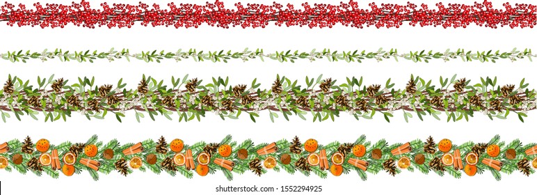 Christmas and New Year seamless border of realistic branches of Christmas tree and holly berries Element for festive design isolated on transparent background Vector illustration