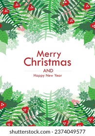 Navidad y Año Nuevo frontera sin fisuras de ramas realistas de árbol de Navidad y elementos de bayas huecas para el diseño festivo