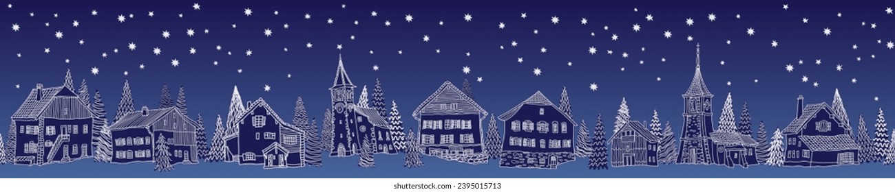 Christmas and New Year seamless border pattern. Fairy tale houses, stars, snowflakes, fir tree and spruce on a dark blue gradient background