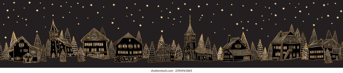 Christmas and New Year seamless border pattern. Golden Fairy tale houses, stars, fir tree and spruce. Gold contour on a black background