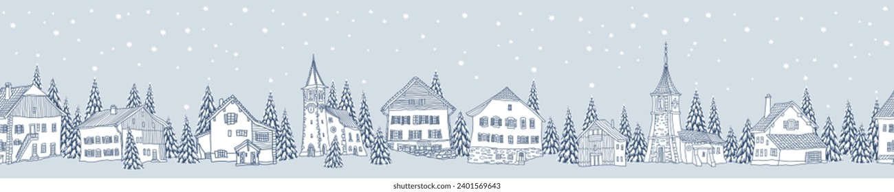 Christmas and New Year seamless border pattern. Fairy tale houses, stars, snowflakes, fir tree and spruce. Blue contour doodle, Coloring book page 