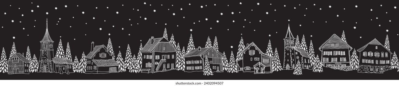 Christmas and New Year seamless border pattern. Fairy tale houses, stars, snowflakes, fir tree and spruce. White contour doodle on a black background 