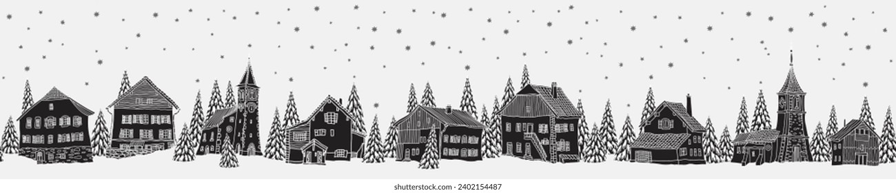 Christmas and New Year seamless border pattern. Fairy tale houses, stars, snowflakes, fir tree and spruce. Black silhouettes with white doodle contour on a light grey background 