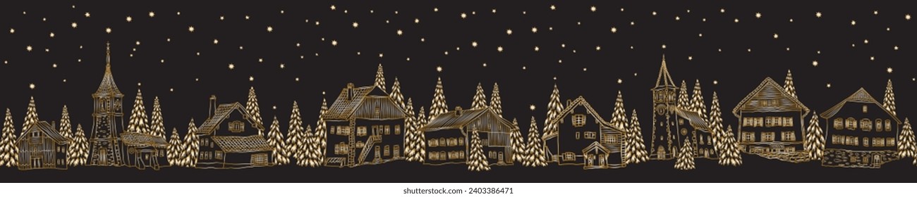 Christmas and New Year seamless border pattern. Fairy tale houses, stars, snowflakes, fir tree and spruce. Golden doodle contour line on a black background 