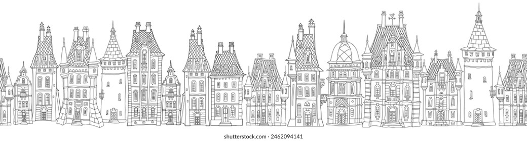 Christmas and New Year seamless border pattern. Fairy tale European houses panorama. Hand drawn black and white sketch