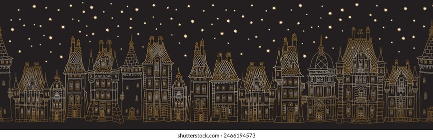 Christmas and New Year seamless border pattern. Fairy tale European castles and houses panorama. Hand drawn gold and black sketch