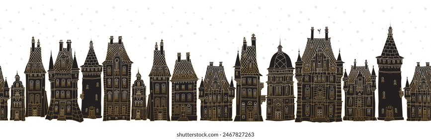 Christmas and New Year seamless border pattern. Fairy tale European castles and houses panorama. Hand drawn gold and black sketch on a white background