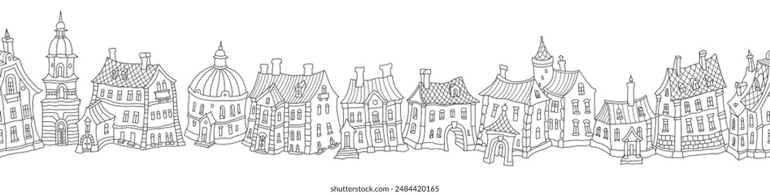 Christmas and New Year seamless border pattern from small antique houses. Black and white contour doodle sketch for coloring book