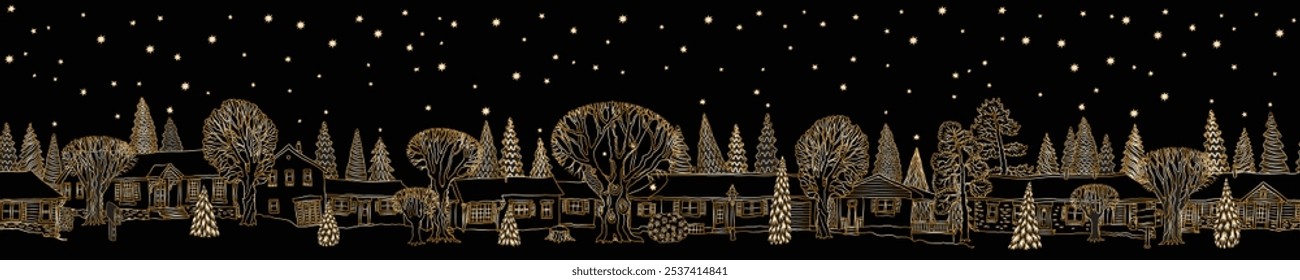 Christmas and New Year seamless border pattern. Fairy tale houses, stars, snowflakes, fir trees. Golden doodle on a black background