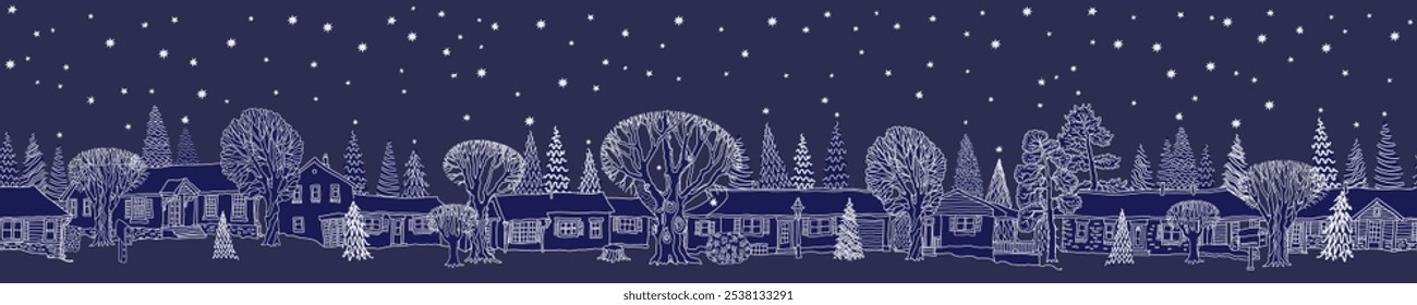 Christmas and New Year seamless border pattern. Fairy tale houses, stars, snowflakes, trees. White doodle sketch on a dark blue background