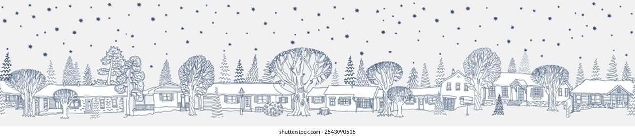 Christmas and New Year seamless border pattern. Fairy tale houses, stars, snowflakes, trees. Blue and white doodle sketch 