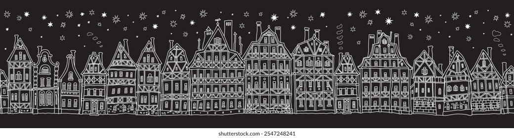 Natal e Ano Novo padrão de fronteira sem costura. Conto de fadas casas de madeira, estrelas, flocos de neve. Rabiscar branco sobre um plano de fundo preto