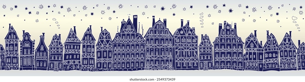 Christmas and New Year seamless border pattern. Fairy tale half-timbered houses, stars, snowflakes. White and blue sketches on a silver background