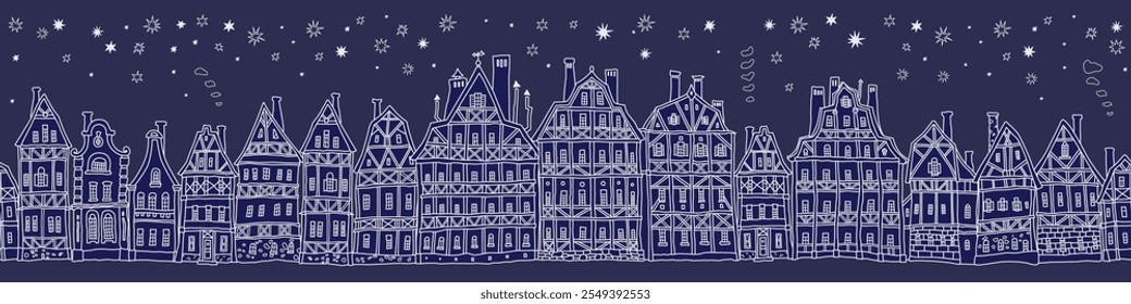 Christmas and New Year seamless border pattern. Fairy tale half-timbered houses, stars, snowflakes. White doodle on a dark blue background