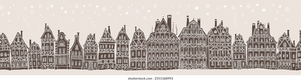 Christmas and New Year seamless border pattern. Fairy tale half-timbered houses, stars, snowflakes. Brown and beige doodle sketches 