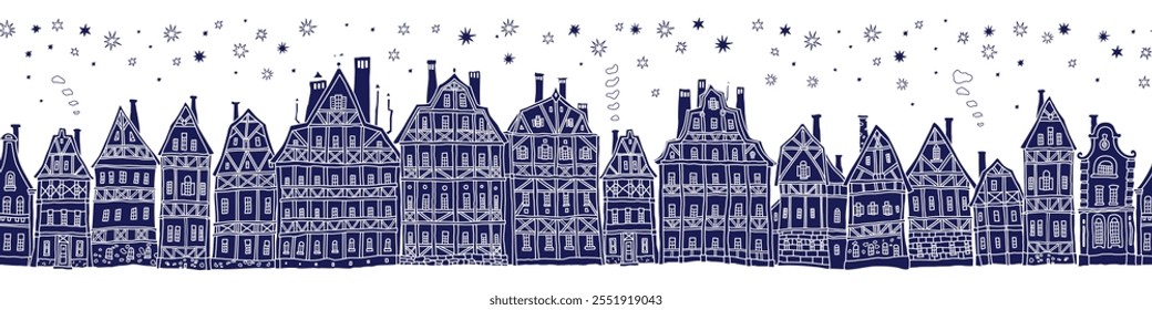 Christmas and New Year seamless border pattern. Fairy tale half-timbered houses, stars, snowflakes. White and blue doodle background