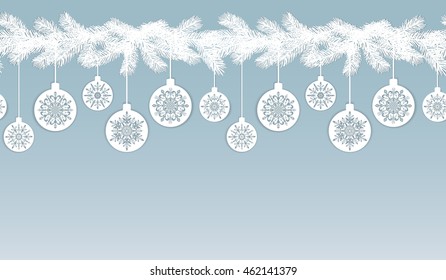 Christmas or New Year Seamless Border. Holiday Decor. Christmas Tree and balls  background