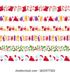 Christmas or New year seamless borders - candy cane, holly, sweets, mistletoe, holly, snowflake on white background, traditional holiday symbols - vector endless texture for wrapping, scrapbook