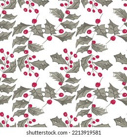 Christmas and New Year seamless brown leaves pattern with holly branch. Vector hand drawn illustration.