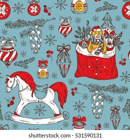 Christmas and New Year seamless card with Christmas decorations, present, Santa's bag and horse. Hand drawn 