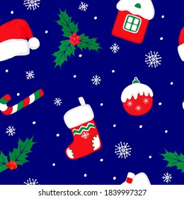  Christmas and New Year  seamless cartoon pattern. Colorful holly, socks, Santa hats, sugar canes, house on a blue background. Vector background with snowflakes and confetti.