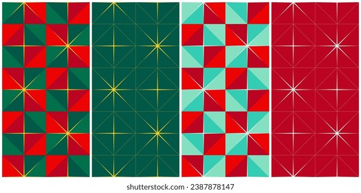 Christmas and New Year seamless checkerboard patterns set. Geometric style - fresh groovy checkerboard pattern and classic solid color design with fine lines.