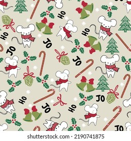 Christmas and New Year seamless with Christmas decorations on beige background. Christmas pattern, Santa Claus, reindeer, Christmas tree, snowman and snowflake