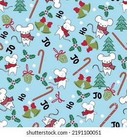 Christmas and New Year seamless with Christmas decorations on blue background. Christmas pattern, Santa Claus, reindeer, Christmas tree, snowman and snowflake