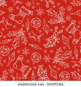 Christmas and New Year seamless with Christmas decorations. hand drawn