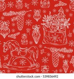 Christmas and New Year seamless with Christmas decorations, present and horse. Hand drawn