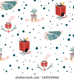 Christmas and New Year seamless doodle pattern with hot street market drinks, fir tree branch, cozy home plant and present. Hand drawn background.. Stock vector