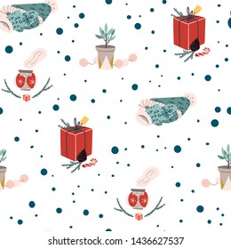 Christmas and New Year seamless doodle pattern with hot street market drinks, fir tree branch, cozy home plant and present. Hand drawn background.. Stock vector