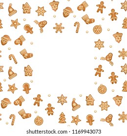 Christmas and New Year seamless frame with gingers. Repeat wallpaper with ingerbreads on white background. Vector seamless pattern with objects gingerbread toys with text place.