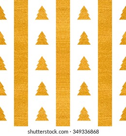 Christmas or New year seamless geometric gold textured pattern of stripes and stylized trees on white background. Design element for festive banner, card, invitation, postcard. Vector illustration.