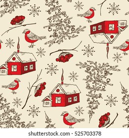 Christmas and New Year seamless with Holiday tree and bird, house, mountain ash. hand drawn
