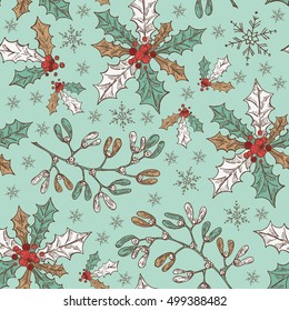 Christmas and New Year seamless  with holly and mistletoe. hand drawn