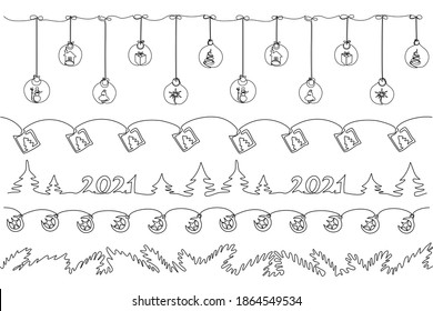 Christmas  New Year seamless horizontal  line border. Christmas balls, trees, 2021, fir paws. Template for banners and New Years Christmas projects. Vector illustration.