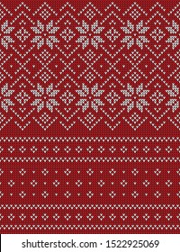 Christmas and New Year seamless knitted pattern. Red and white stripes pattern with nordic snowflakes for winter hat, sweater, jumper, paper, or other design.