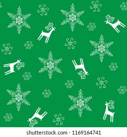 Christmas or New Year seamless pattern with white snowflakes and deers on green bakground for winter holidays design. Vector illustration. Template for Scrapbooking, Congratulations, Invitations.