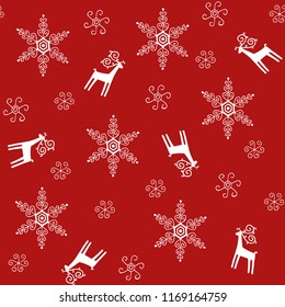 Christmas or New Year seamless pattern with white snowflakes and deers on red bakground for winter holidays design. Vector illustration. Template for Scrapbooking, Congratulations, Invitations.