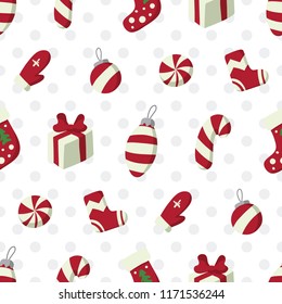 Christmas and New year seamless pattern with winter holidays symbols: mittens, sweets, gifts etc. Stock vector