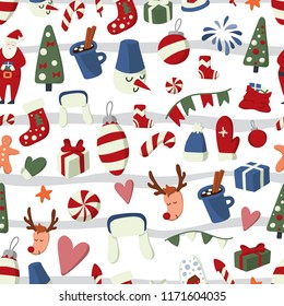 Christmas and New year seamless pattern with winter holidays symbols: fir-tree, hot chocolate, hat, fireworks, mittens, sweets, gifts etc. Stock vector