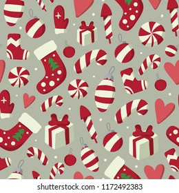 Christmas and New year seamless pattern with winter holidays symbols: mittens, sweets, gifts etc. Stock vector