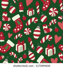Christmas and New year seamless pattern with winter holidays symbols: mittens, sweets, gifts etc. Stock vector