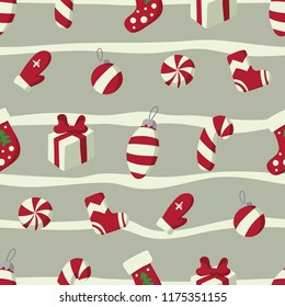 Christmas and New year seamless pattern with winter holidays symbols: mittens, sweets, gifts etc