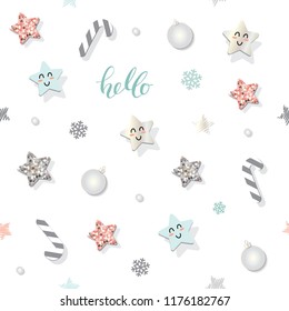 Christmas and new year seamless pattern background with glitter stars and decorative elements.