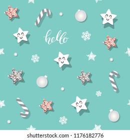 Christmas and new year seamless pattern background with glitter stars and decorative elements.