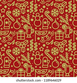 Christmas And New Year Seamless Pattern On Red Background. Winter Holidays Vector Illustration. Wrapping Papper For Gift.