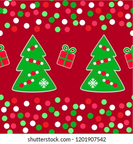 Christmas and new year seamless pattern with christmas trees and gift boxes. Vector illustration for wrapping paper or holidays background design.